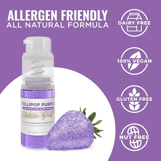 Bakell - Pollipop Purple Tinker Dust (4g, 1x Mini Spray Pump) Edible Glitter for Food, Desserts, and Baked goods!