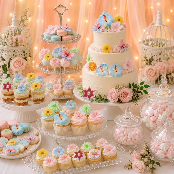 Morofme 60pcs Edible Flower Cake Topper Hawaiian Cupcake Toppers Wafer Paper Daisy Tropical Hibiscus Flower Cake Decorations Luau Themed Cupcake Decor for Summer Beach Aloha Birthday Party Supplies
