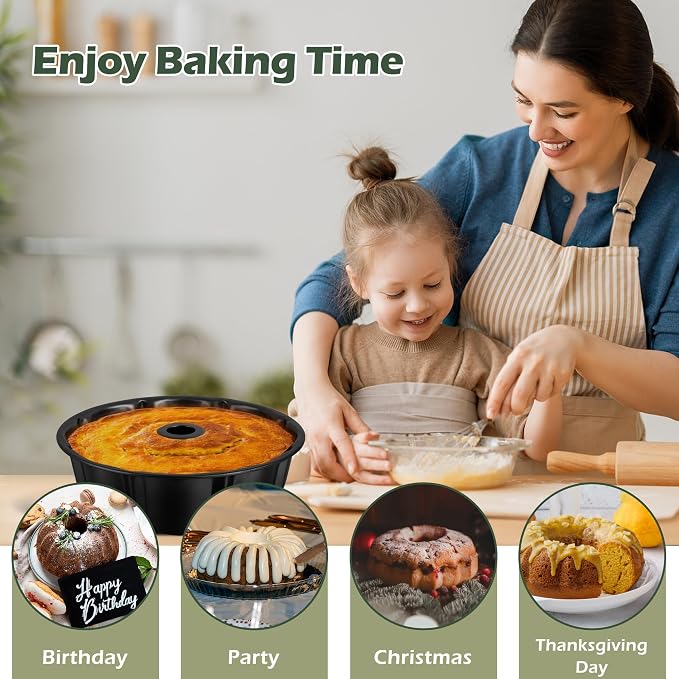 E-far 10 Inch Non-stick Cake Pan, Heavy Duty Carbon Steel Tube Fluted Round Baking Pan,Buntz Pound Cake Pan Mold,Tube Bakeware, Easy Release & Easy to Clean, 10 Cup, Black