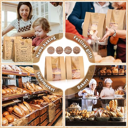 Spakon 120 Pcs Large Bread Bags for Homemade Bread with Window 14 x 8.3 x 3.5 Inch Kraft Paper Sourdough Bakery Bags 120 Baked with Love Stickers for Storage Cookies and Snacks Baked Food Packaging