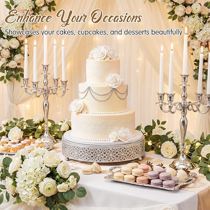 Wenqik Cake Stand 12 Inch Round Metal Cupcake Dessert Wedding Cake Stand Cookies Display Holder Fruit Serving Tray for Table Wedding Birthday Anniversary Party, Silver