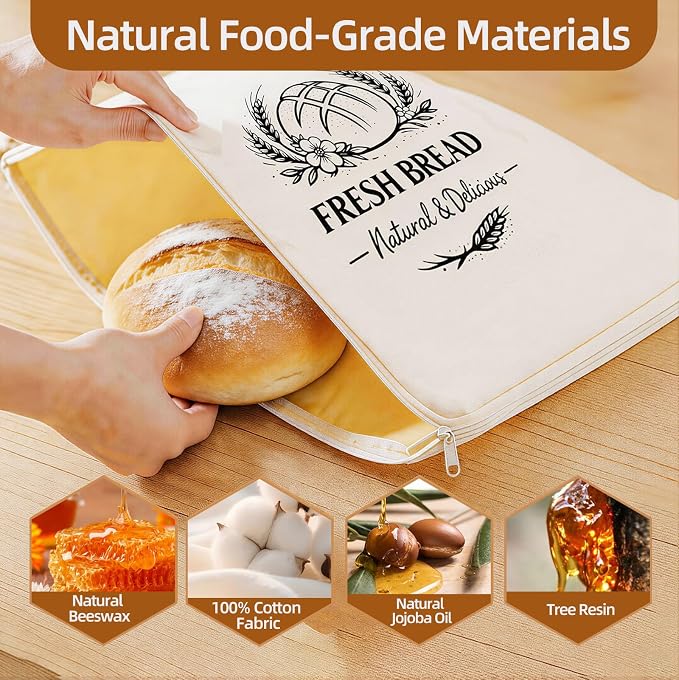 Beeswax Linen Bread Bags with L-Shaped Wide Zipper, 2 Pack XL | Reusable bread bags. Preserve freshness and texture of sourdough and artisan loaves. Ideal for daily homemade bread storage.