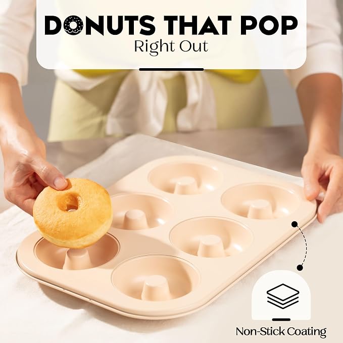 Donut Pan for Baking - Set of 2 Non-stick Donut Pans - Carbon Steel Doughnut Pan - 6 Cavity Full-Sized Donut Molds for Baking - Trendy Beige Donut Baking Pan