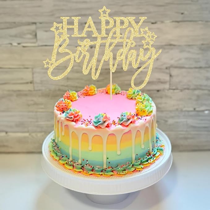 Gyufise 1Pcs Happy Birthday Cake Topper Glitter Happy Birthday Cake Pick for Celebrating Happy Birthday Anniversary Theme Party Cake Decorations Supplies Light Gold