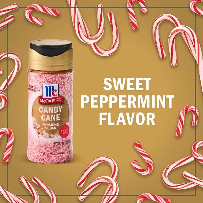 McCormick Finishing Sugar, Candy Cane, Limited Edition, Sweet Peppermint, Iconic Holiday Flavor, For Hot Chocolate, Chocolate Fudge, Bark, Cocktails, and More, 3.81 oz (Pack of 2)