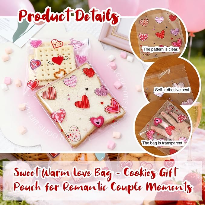 200PCS 5.5x5.5inch Valentine Cellophane Bags, Heart Cookie Bags | Clear Red Pink Lovely Printed Bags, Self Adhesive OPP Treat Bag for Cookie Bakery Present Gift Goodies DIY Candy Decorating