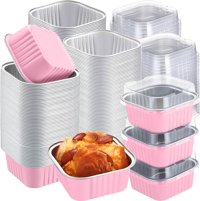 200 Pack 5 oz Mini Cake Pans with Lid, Aluminum Foil Mini Baking Tins, Square Disposable Cupcake Baking Cup Dessert Container for Wedding Birthday Party Picnic(Pink,Classic)