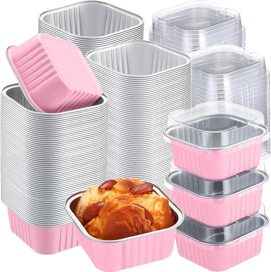 200 Pack 5 oz Mini Cake Pans with Lid, Aluminum Foil Mini Baking Tins, Square Disposable Cupcake Baking Cup Dessert Container for Wedding Birthday Party Picnic(Pink,Classic)