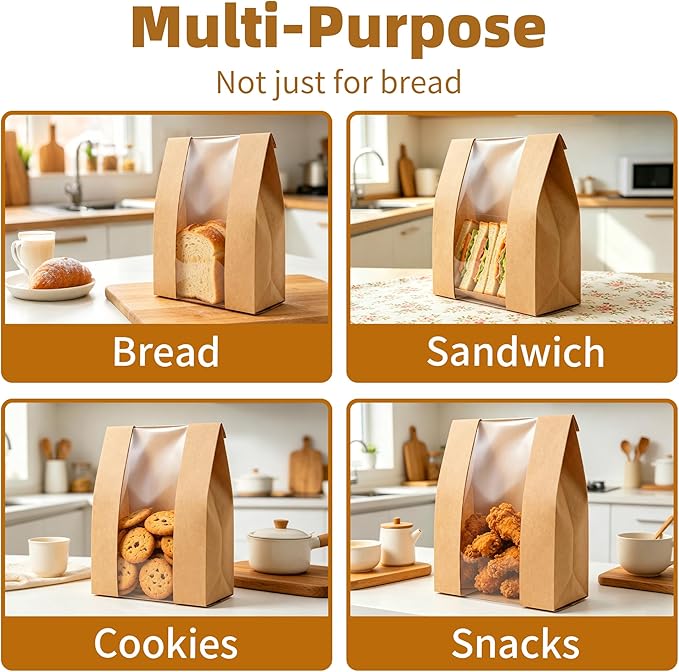Homrelaxy 120pcs Paper Bread Bags for Homemade Bread, Sourdough Bag with Window, 13.7 x 8.3 x 3.5 Inch Large Brown Kraft Bakery Bags for Storing Loaves & Snacks, Includes 130 Sealing Stickers