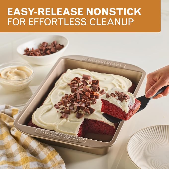 Farberware Bakeware Warp Resistant, Dishwasher Safe, 9-Inch x 13-Inch Rectangular Cake Pan - Mocha