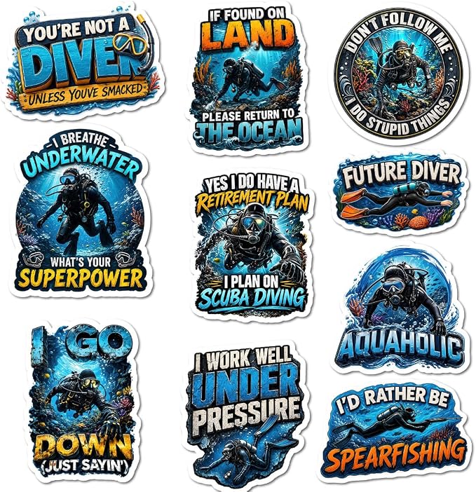 10pcs Suba Diving Stickers for Scrapbook Cartoon Stickers for Water Bottles Vinyl Decals for Kids Teens Laptop Notebook Phone Luggage Skateboard Bike Guitar Helmet