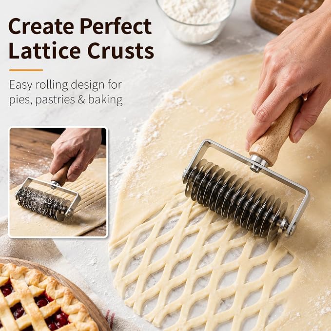 Pastry Lattice Roller Cutter, Stainless Steel Multi-Wheel Dough Cutter with Wooden Handle, Pie Crust Strip Cutters for Pastry, Pizza Dough, Bread & Beef Wellington