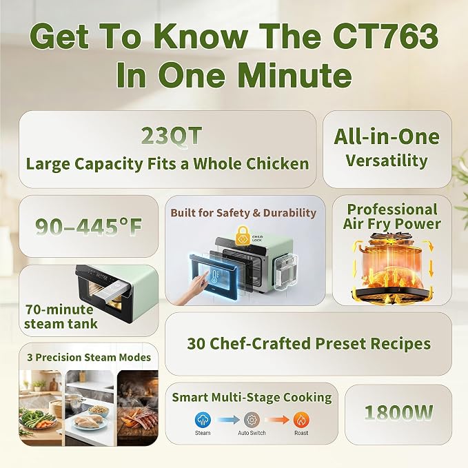 ROBAM Toaster Air Fryer Combi Oven, Countertop Steam Oven 14-in-1 with Convection Steam Roast & Bake, Multi-Stage Cooking, Self-Clean, 7 Modes, 30 Built-In Recipes, for Kitchen Pizza Baking (Green)