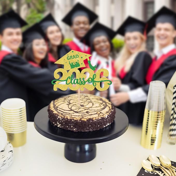 1 Pack Class of 2026 Cake Topper Glitter Congrats Grad Cap 2026 Graduation Cake Pick for 2026 Graduation Theme High School Graduate Party Cake Decorations Supplies Gold Green