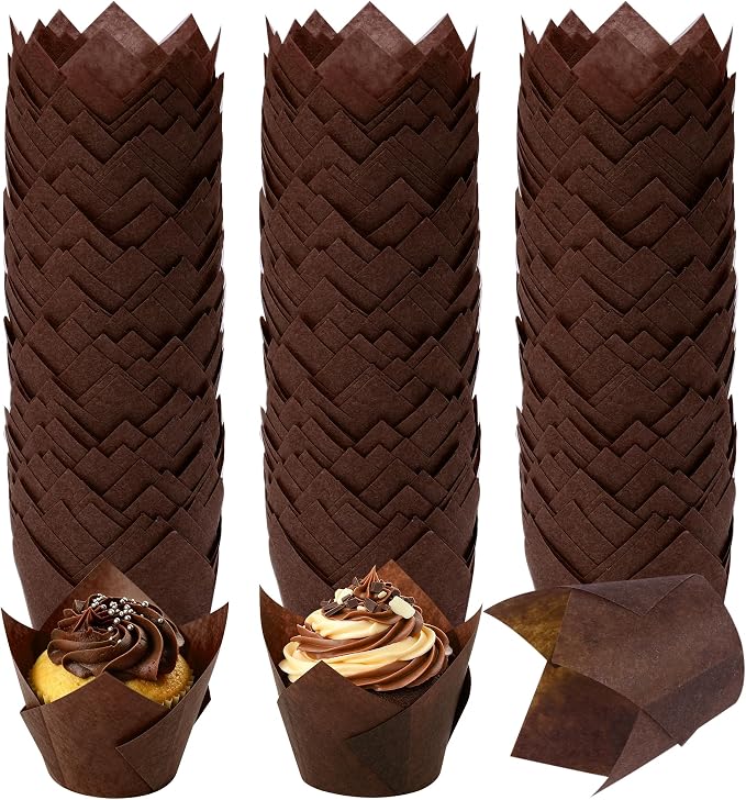 Ruisita 150 Pcs Mini Cupcake Liners Muffin Liners Baking Cups | Tulip Cupcake Liner for Baking Wedding, Birthday, Baby Shower Parties, Brown