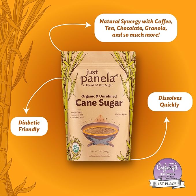 Just Panela Organic Unrefined Cane Sugar - 1 Pound, Pack of 2 - Sweeten Your Coffee with Natural Panela - Unprocessed and Handcrafted Cane Sugar with Intact Natural Minerals - Jaggery Powder