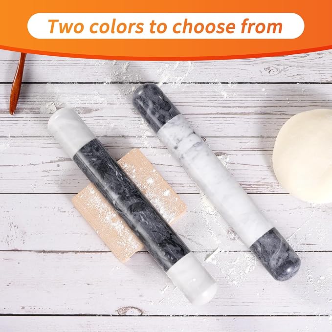 Tianman French Marble Rolling Pin.12 Inchs Marble Rolling Pin for Baking With Wooden Base Holder Stand-Non-Stick Baking Roller for Baking Fondant, Pizza,Cookies,Crust,Pasta(White-Black-White)