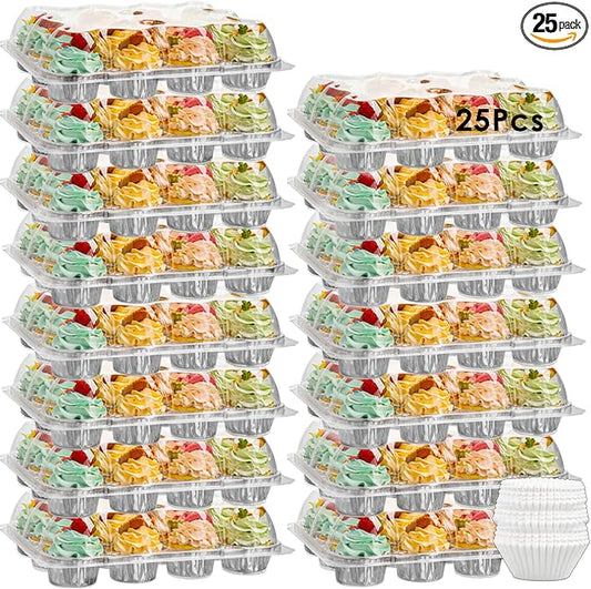 (12 Pack x 25 Sets) Stackable Cupcake Carrier with 300 Pack Cupcake Liners, Plastic Cupcake Boxes Holders for 12 Cupcakes, Cupcake Containers, Clear Disposable Cupcake Trays