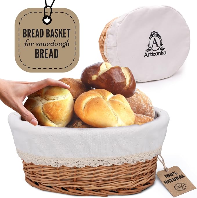 Large Wicker Bread Basket with Removable Linen Liner and Cover - Handmade Rattan Bread Serving & Storage Basket 12"x9" Keeps Bread Warm & Fresh - Perfect Housewarming Gift
