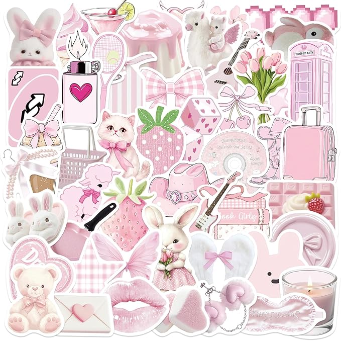 50 Pcs Pink Coquette Stickers Cute Pink Coquette Waterproof Vinyl Sticker for Water Bottles Laptops Bike Car Motorcycle Computer Guitar Skateboard