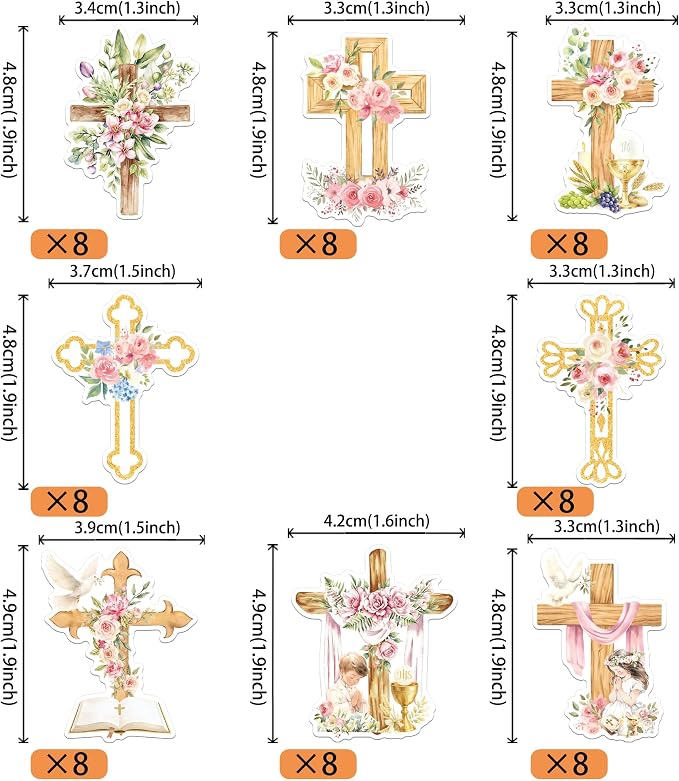 64 PCS Edible God Bless Cupcake Toppers Wafer Paper Dove Cross Baptism Cupcake Picks Edible Floral First Communion Cake Decorations for God Bless Theme Baby Shower Birthday Party Decorations Supplies