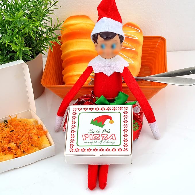 WANGDEFA 50 Pack Elf Mini Pizza Box Square Cardboard Mini Pizza Box with Elf Sticker for Celebrations, Party Favors, Christmas, Birthdays, Valentines Day, Weddings (3.54 x 3.54 x 0.78 inches)
