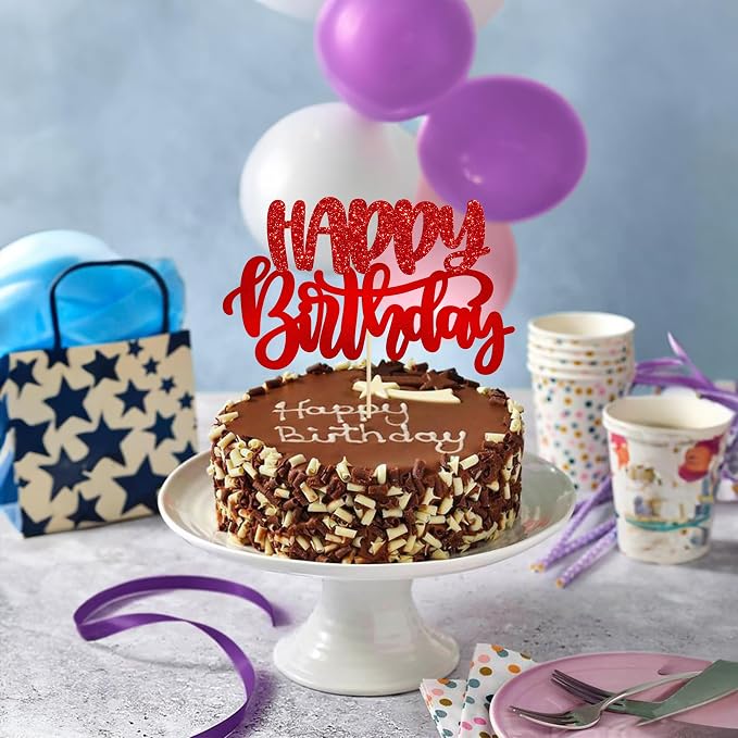 Gyufise 1Pcs Happy Birthday Cake Topper Glitter Cake Pick for Celebrating Anniversary Theme Party Cake Decorations Supplies Red