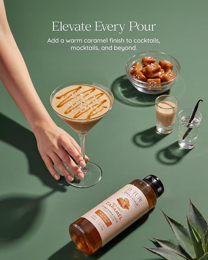 Caramel Agave Simple Syrup for Coffee & Cocktails - Sweetened with Organic Agave Nectar - Infused with Real Sea Salt - 13.5 oz