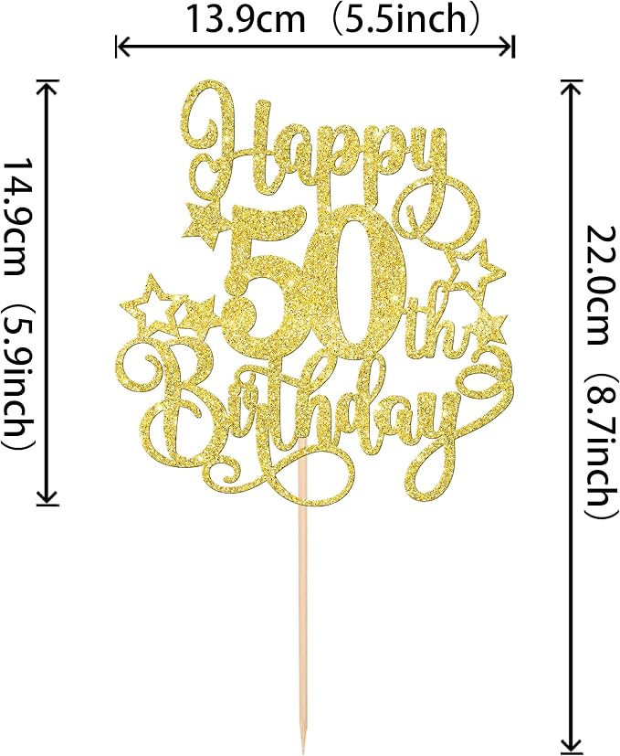 1 PCS Happy 50th Birthday Cake Topper Glitter Cheers to 50 Years Birthday Cake Pick Hello 50 Fabulous Cake Decoration for Happy 50th Birthday Anniversary Party Decorations Supplies Gold