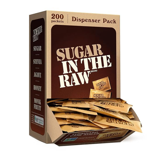 Sugar In The Raw Turbinado Cane Sugar Packets, 200 Ct Box, 1 Pack, Pure, All-Natural Turbinado Sugar, Non-GMO Project Verified, Kosher, Vegan and Gluten Free