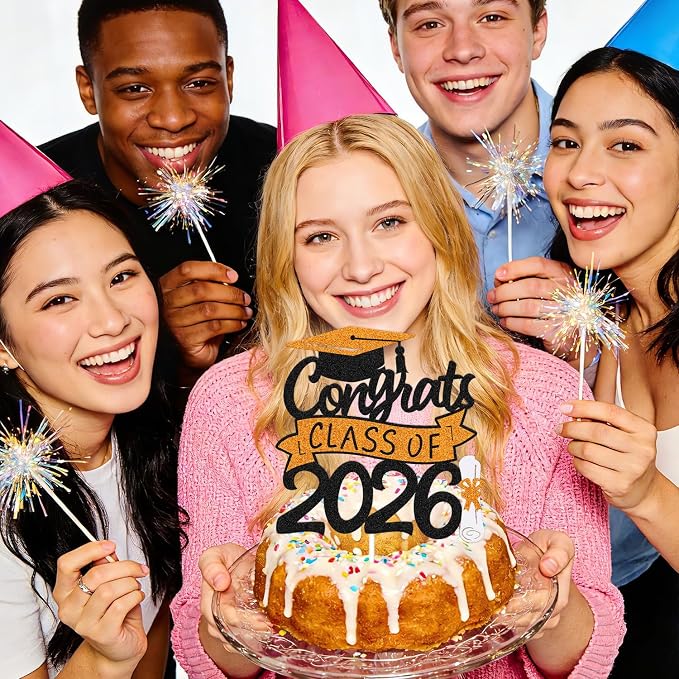 Congrats Class of 2026 Cake Topper Congrats Grad Cap Diploma Theme for High School Happy Graduation Party Supplies College Graduate Decoration (Orange)