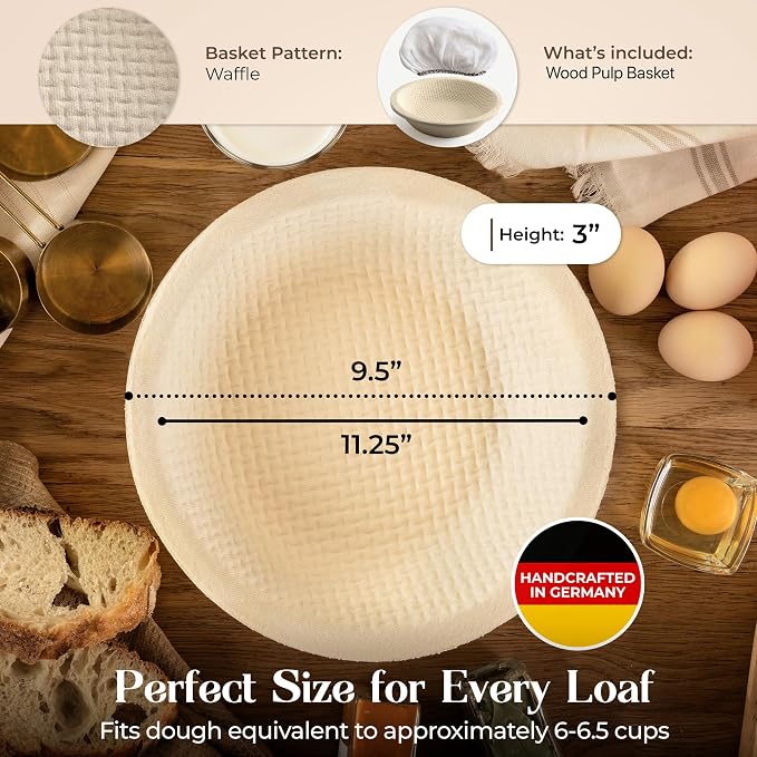 Wood Pulp Banneton Bread Proofing Basket – 12" Round 3.3LB Brotform with Waffle Pattern – Non-Stick Natural Wood Pulp Pressed for Durability– Made in Germany Proofing Basket for Sourdough Bread Baking