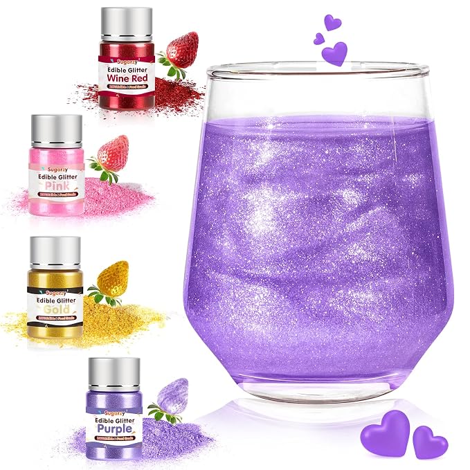 4 Colors Edible Glitter Set (8g/Bottle),Gold Red Purple and Pink Powder,Food Grade Shimmer Dust for Drinks & Baking,Vegan & Gluten-Free,Perfect for Birthday,Patriotic Holidays Party,Cocktails,Wine,Cakes,Cupcakes,Strawberries Decorating