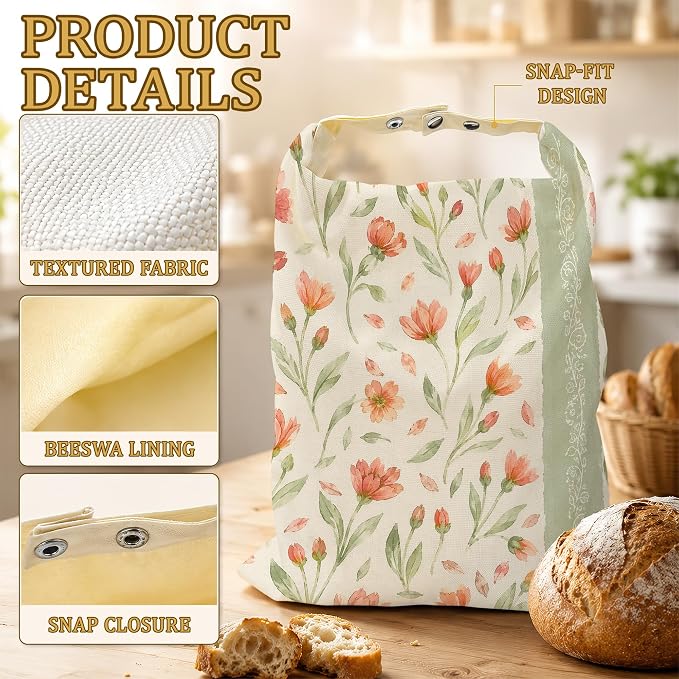 2 Pack Reusable Beeswax Peach Flower Bread Bags, Sourdough Bread Sage Leaf Storage for Homemade, Freezer Storage Bag to Keep Fresh, Baguette Bag with Beeswax Liner Kitchen Baking