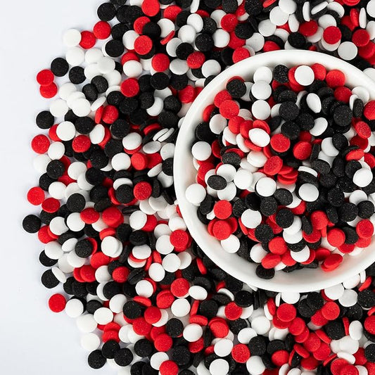 Edible Red Black White Round Confetti Sprinkles 130g/4.58oz,Flat Edible Sugar Confetti for Cake Cupcake Cookie Ice Cream Decorating,Resealable Storage Bag,Ideal for Mickey Themed Kids Birthday,Cartoon Party,Children Carnival,Baby Shower,Holiday Dessert...