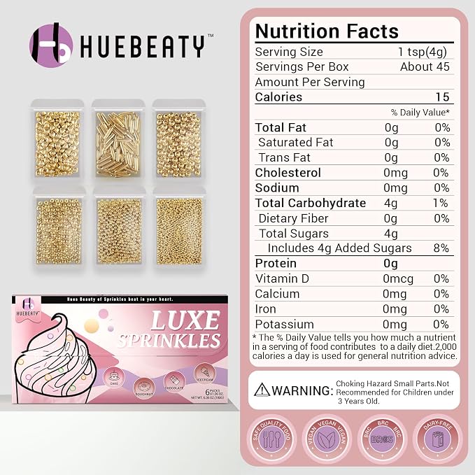 HUEBEATY® 6-in-1 Metallic Gold Dragees Sprinkles for Cake Decorating, Cupcakes & Cookies | 180g/6.36oz | Birthdays, Weddings, Holiday, Christmas Fancy Gold Cake Candy Pearls Sprinkles and Decorations