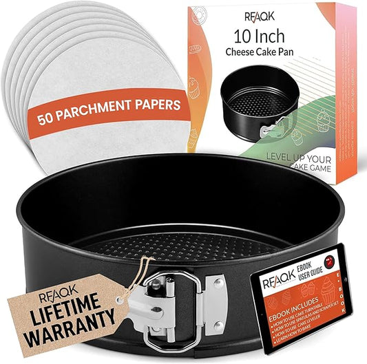 RFAQK 10 Inch Springform Pan Nonstick Leakproof - Spring Form Pan for Cheesecake with Removable Bottom, Include 50pcs Parchment Paper, Recipe E-Book - Perfect for Baking Cheese Cakes, Pizzas, & More!