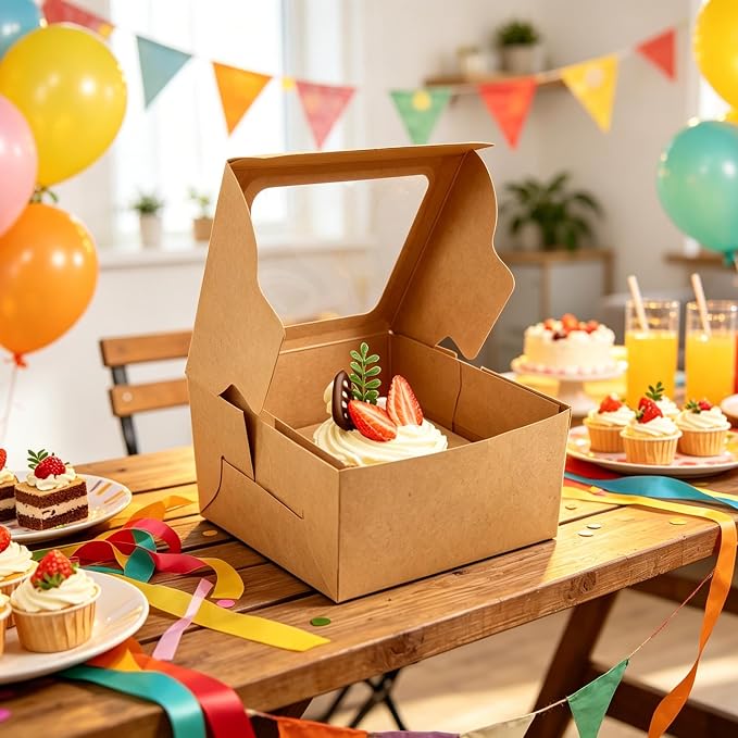 Jotique Cupcake Boxes with Window, 6 Sets 4.5x4.5x3 Inch Kraft Paper Bakery Boxes for Single Cupcake, Cookies and Muffins, Sturdy Disposable Treat Boxes for Individual Pastry, Baked Good, Gift Giving