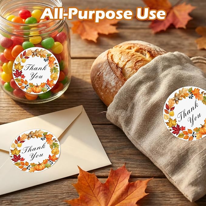 Louise Maelys 2 Inch Thank You Stickers Roll-120 Pcs Fall Thank You Sticker with Pumpkin & Leaf Pattern Autumn Stickers Labels for Thanksgiving, Gift Wrapping, Party Favors, Small Business, Envelope