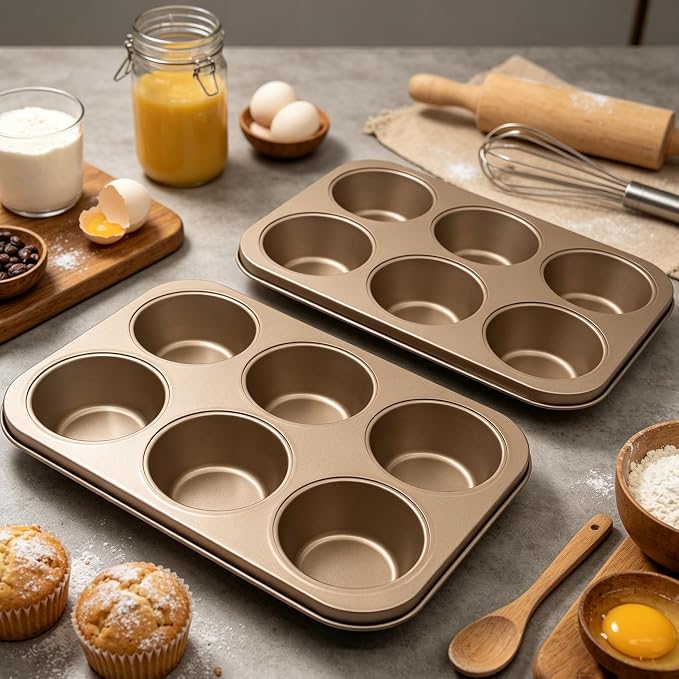Non-Stick Gold Jumbo Muffin Pans, 6-Cup Set of 2 | Carbon Steel, Spatula Included for Extra-Large Muffins & Cupcakes