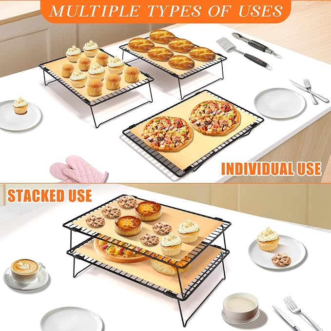 2-Tier Stackable Cooling Rack with Legs, 13"x 9" Nonstick Collapsible Wire Rack with 50 Pcs Parchment Paper for Baking Cookies, Cakes, Bread, Pizza