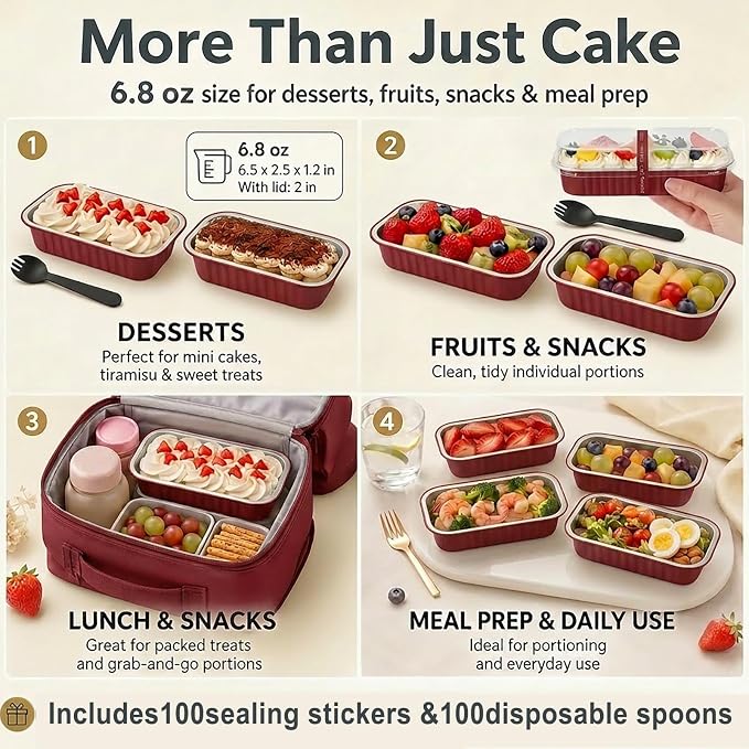YQER 100 Pack Red Mini Cake Pans with Lids and Spoons, 6.8 oz Disposable Aluminum Foil Mini Loaf Pans with Stickers, Individual Dessert Cake Tins Containers for Valentine Gifts, Holidays, Parties