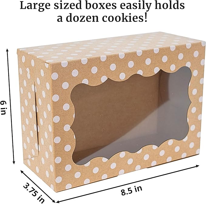 Polka Dot Cookie Boxes - 12 Pack - Brown with White Polka Dots Bakery Gift Box with Window - for Pastries, Cupcakes, Strawberries, Macarons, & Treats - Large Size Easily Fits a Dozen Cookies - 12 pcs