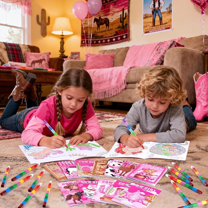 BenLouis 24 Cowgirl Mini Coloring Books Kids with 24 Stacking Crayons Western Girl Party Favors Activity Books Bulk for Kids Wild West Horse Goodie Bag Gift Stuffer Classroom Reward