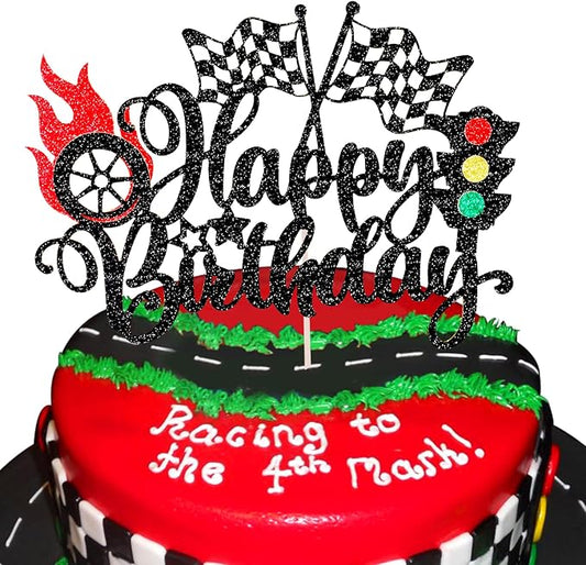 MEMOVAN Race Car Happy Birthday Cake Topper Car Birthday Cake Topper Glitter Checkered Flag Cake Decoration Racing Car Cake Pick with Traffic Light Trophy Wheel for Boy Girl Man Racing Car Theme Party