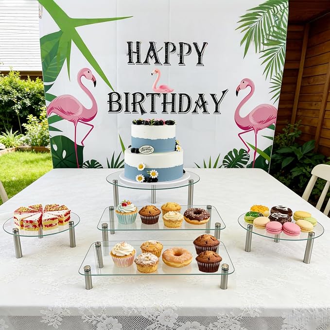 6 Pack Tempered Glass Cake Stands Set 9 11 13 Inch Round & Rectangular Cupcake Stand Dessert Display Riser Serving Platter Plate for Decoration Table Party Wedding Baby Shower