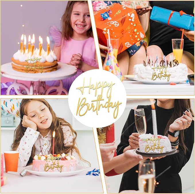 Ouligay 1PCS Gold Happy Birthday Cake Topper Gold Acrylic Happy Birthday Cake Sign Cupcake Topper Party Decorations Supplies for Anniversary, Bridal Shower, Party Desserts Pastries Supplies