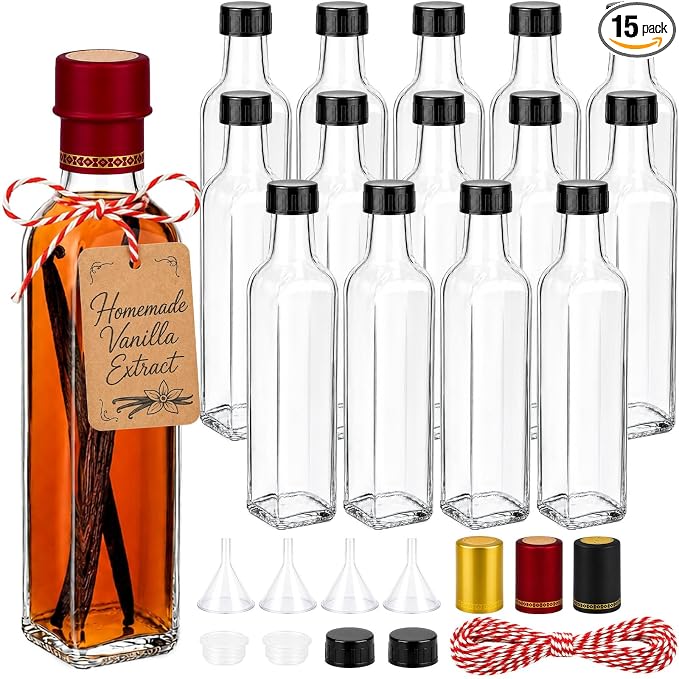 TBWIND 15 Pack 8.5oz (250ml) Vanilla Extract Bottles with Airtight Caps | Includes Shrink Bands, Labels & Funnels; Ideal for Vanilla Extract, Syrups, Infused Oils, Vinegars & Gifting