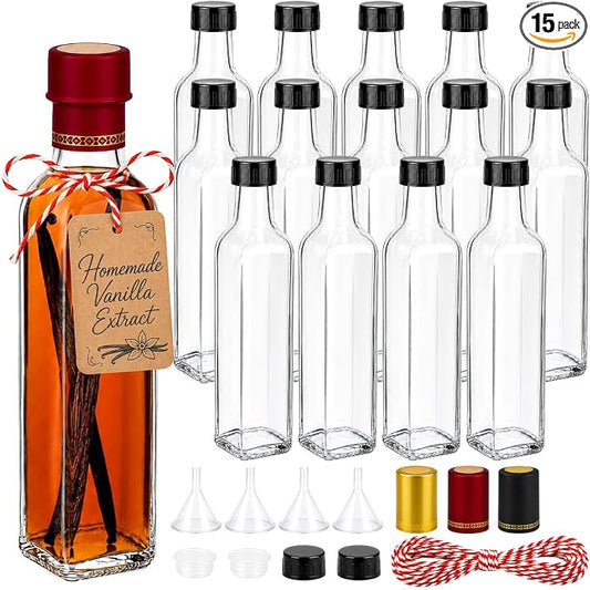 TBWIND 15 Pack 8.5oz (250ml) Vanilla Extract Bottles with Airtight Caps | Includes Shrink Bands, Labels & Funnels; Ideal for Vanilla Extract, Syrups, Infused Oils, Vinegars & Gifting