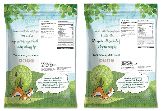Food to Live California Unblanched Almond Flour, 12 Pounds - Natural Meal, Finely Milled with Skin On, Raw Kosher Vegan Keto Paleo, Low Carb Low Sodium, Good Source of Fiber and Protein